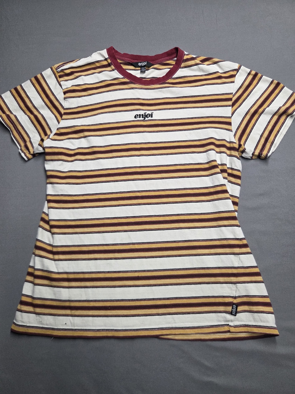 Enjoi Skateboards Men’s Striped T-Shirt Size S Small Embroidered Logo Distressed